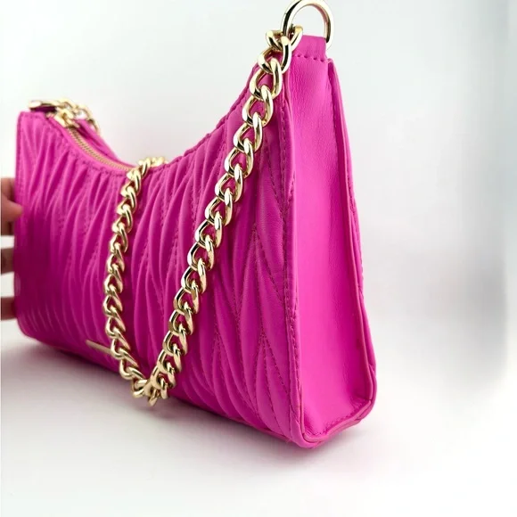 Aldo Hot Pink Quilted Chain Shoulder Bag w/ Coin Pouch & Removable Guitar Strap - Picture 4 of 10